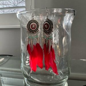 Bohemian Feather Earrings in Red and Silver